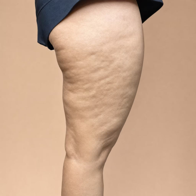 Close-up of a person's upper leg and hip area showing skin texture, wearing a dark navy top at the top edge against a solid beige background.